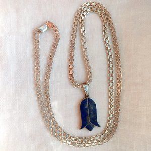 Sterling Silver Wide X-Link Necklace w Lapis & Sterling Tulip Pendant '80s 24"